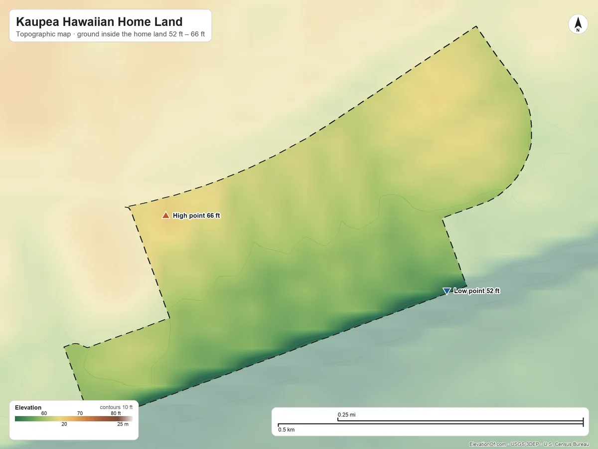 Topographic elevation map of Kaupea Hawaiian Home Land, Hawaii, shaded from 52 ft on the southeast side to 66 ft on the west side