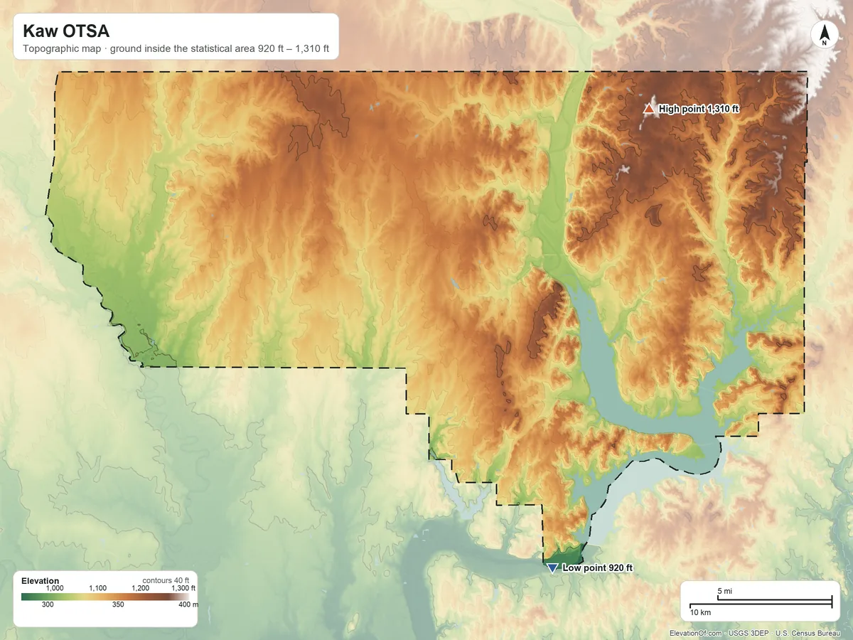 Topographic elevation map of Kaw OTSA, Oklahoma, shaded from 920 ft on the southeast side to 1,310 ft on the northeast side