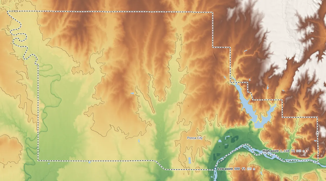 Topographic elevation map of Kaw/Ponca joint-use OTSA, Oklahoma, shaded from 900 ft on the southeast side to 1,140 ft on the southeast side