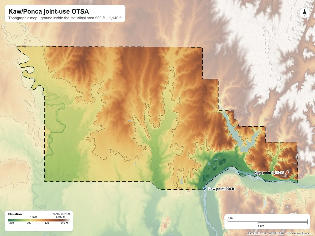 Topographic elevation map of Kaw/Ponca joint-use OTSA, Oklahoma, shaded from 900 ft on the southeast side to 1,140 ft on the southeast side