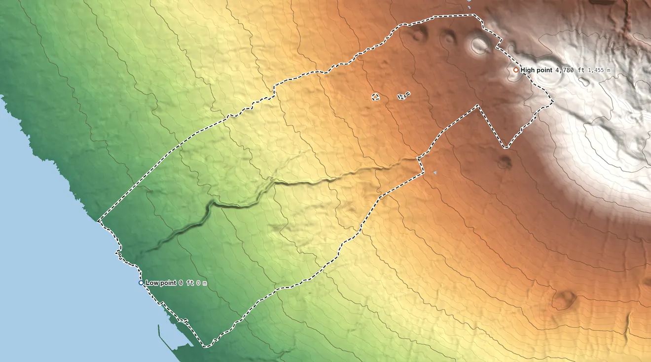 Topographic elevation map of Kawaihae Hawaiian Home Land, Hawaii, shaded from sea level on the Pacific Ocean to 4,780 ft on the northeast side