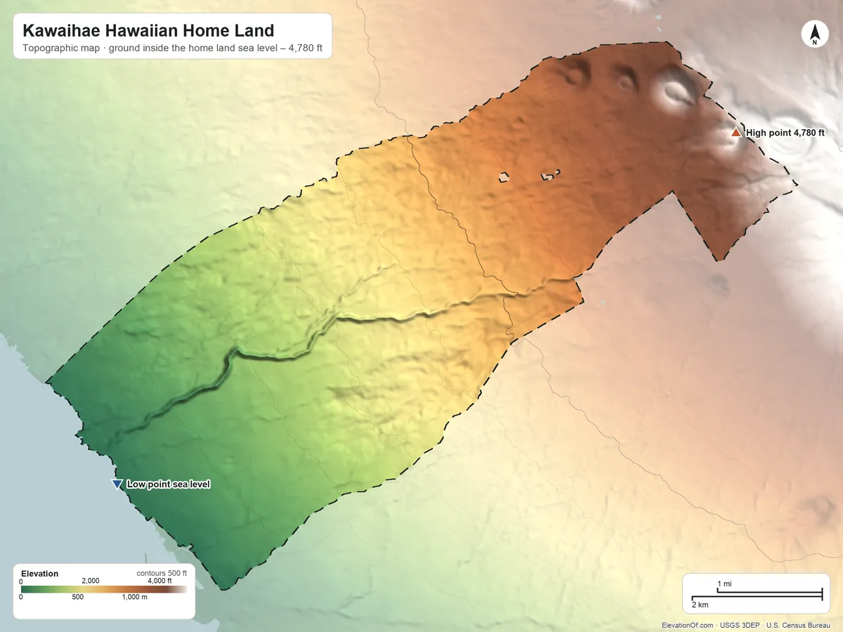 Topographic elevation map of Kawaihae Hawaiian Home Land, Hawaii, shaded from sea level on the Pacific Ocean to 4,780 ft on the northeast side