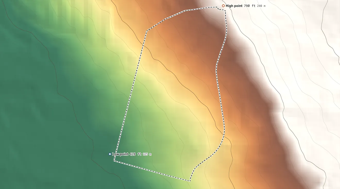Topographic elevation map of Keahuolu Hawaiian Home Land, Hawaii, shaded from 420 ft on the southwest side to 790 ft on the northeast side