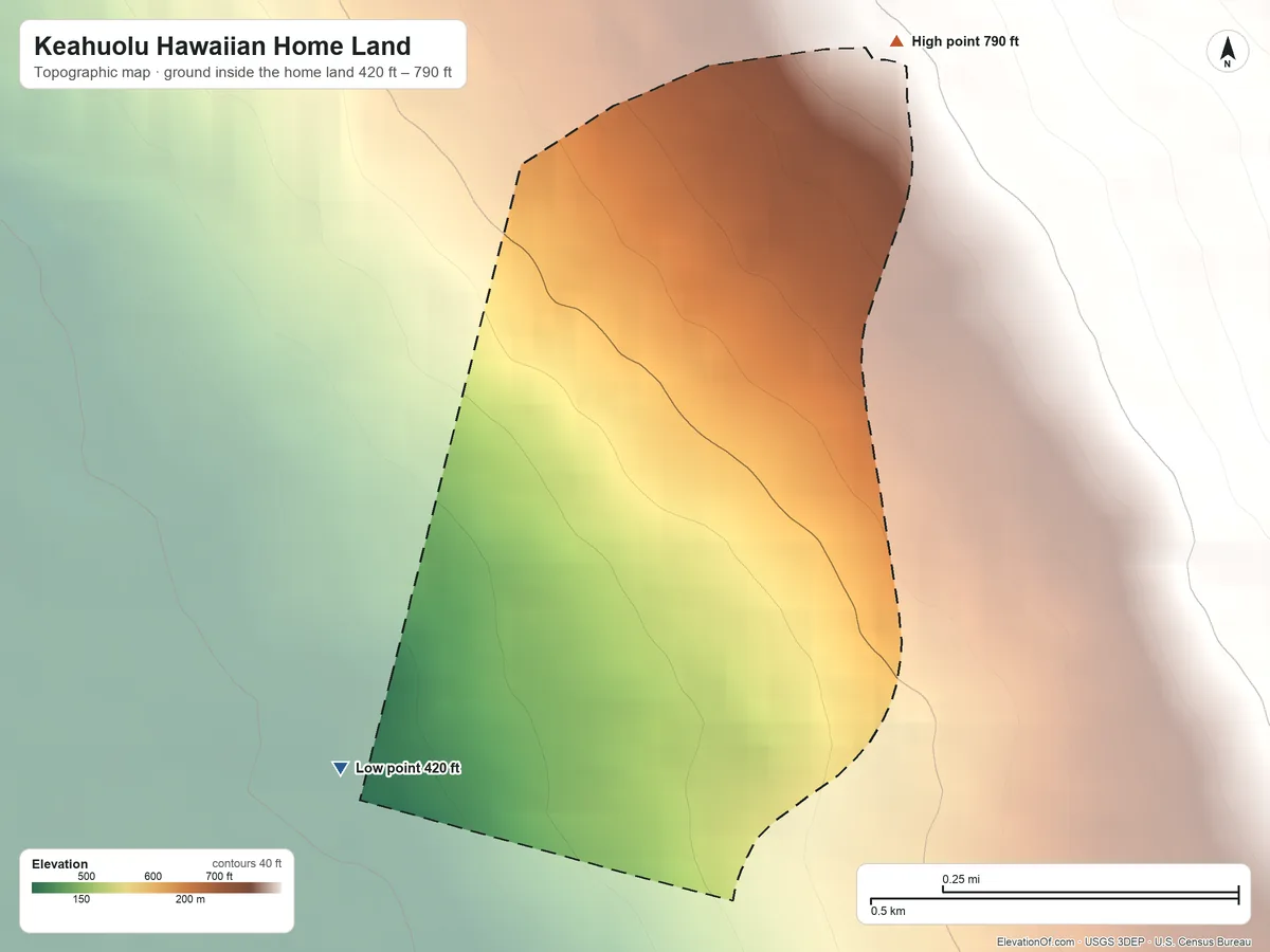 Topographic elevation map of Keahuolu Hawaiian Home Land, Hawaii, shaded from 420 ft on the southwest side to 790 ft on the northeast side