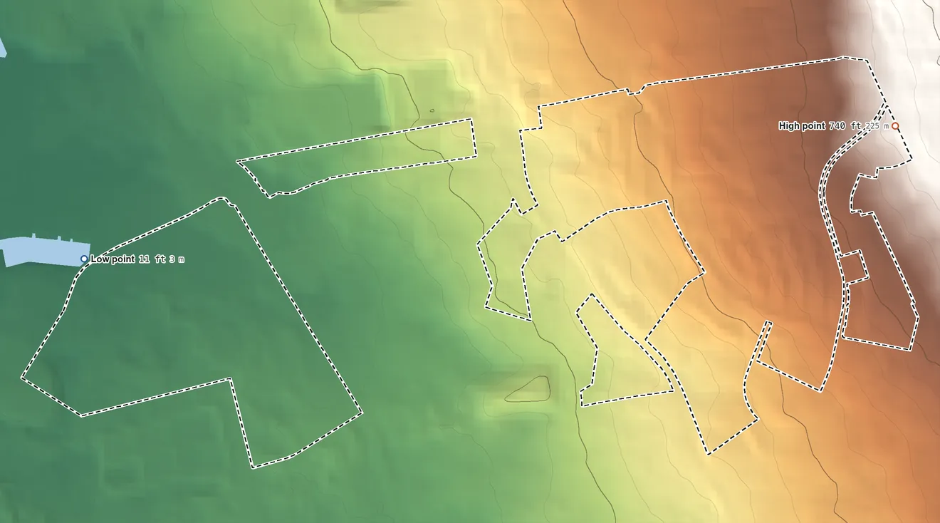 Topographic elevation map of Kealakehe Hawaiian Home Land, Hawaii, shaded from 11 ft on the west side to 740 ft on the east side