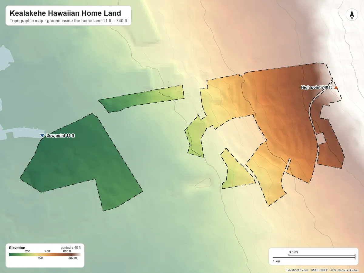 Topographic elevation map of Kealakehe Hawaiian Home Land, Hawaii, shaded from 11 ft on the west side to 740 ft on the east side