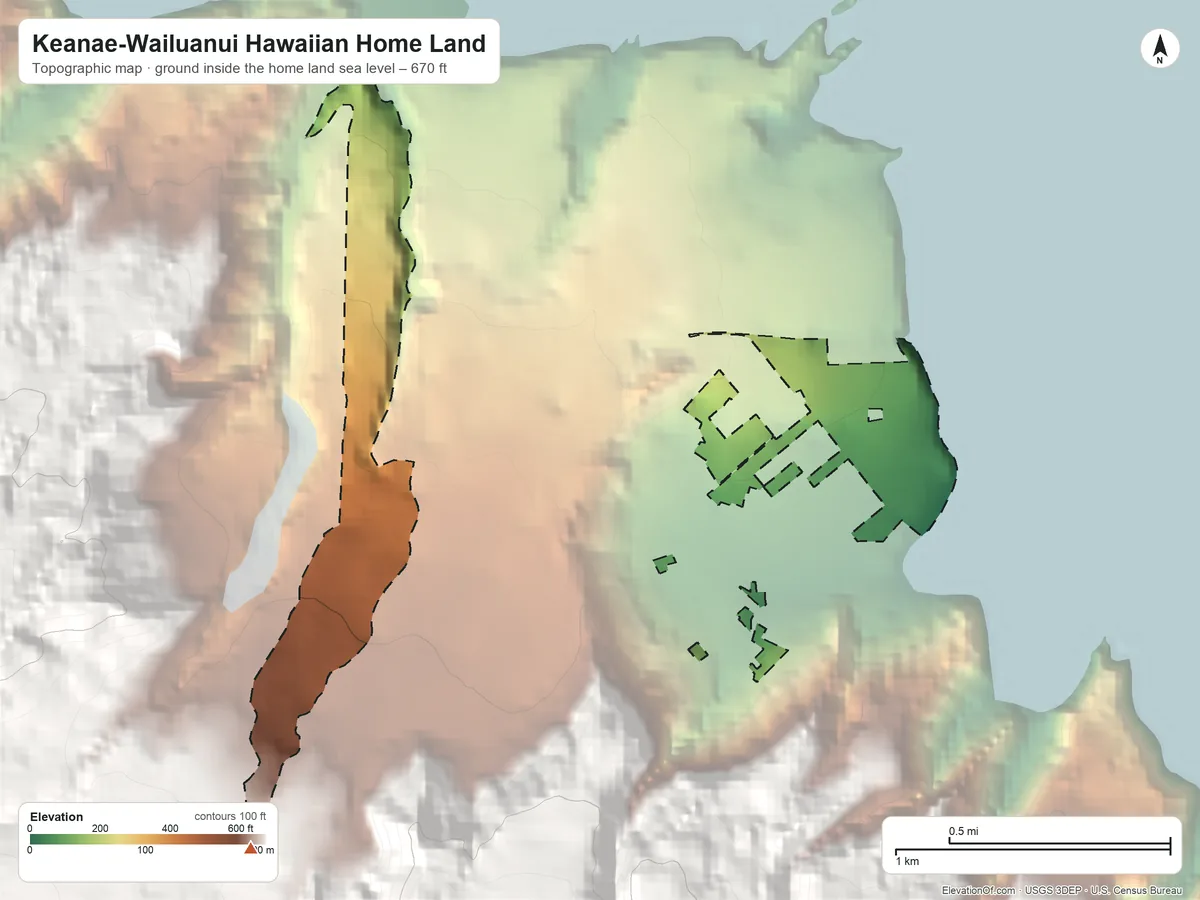 Topographic elevation map of Keanae-Wailuanui Hawaiian Home Land, Hawaii, shaded from sea level on the Pacific Ocean to 670 ft on the southwest side
