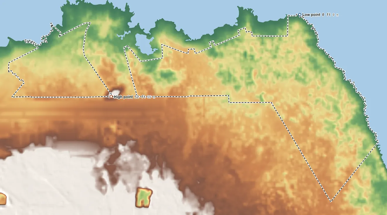 Topographic elevation map of Keaukaha Hawaiian Home Land, Hawaii, shaded from sea level on the Pacific Ocean to 52 ft on the west side