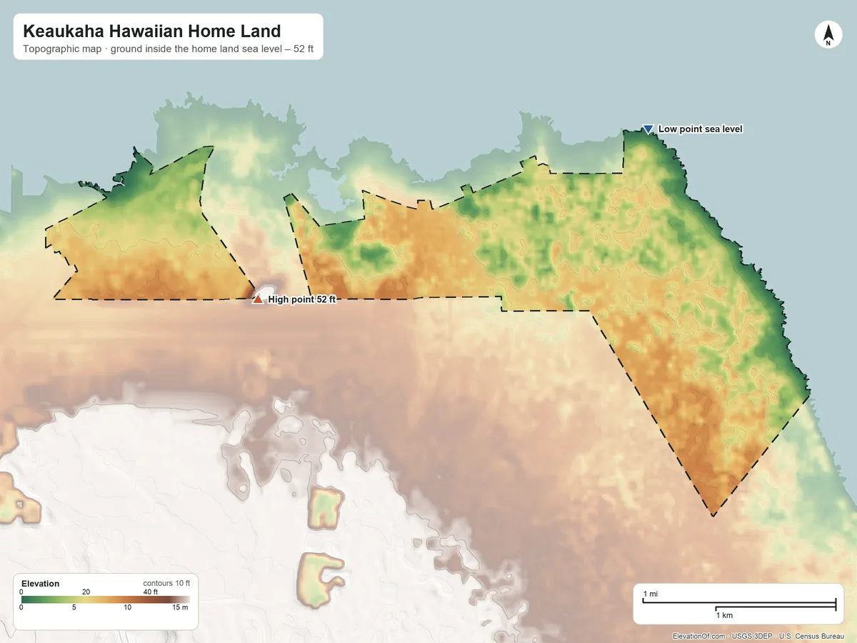 Topographic elevation map of Keaukaha Hawaiian Home Land, Hawaii, shaded from sea level on the Pacific Ocean to 52 ft on the west side