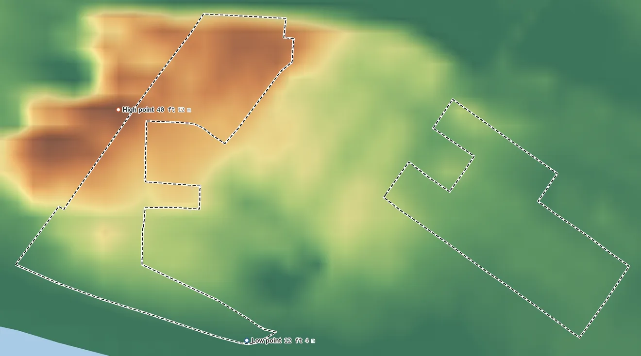 Topographic elevation map of Kekaha Hawaiian Home Land, Hawaii, shaded from 12 ft on the southwest side to 40 ft on the west side