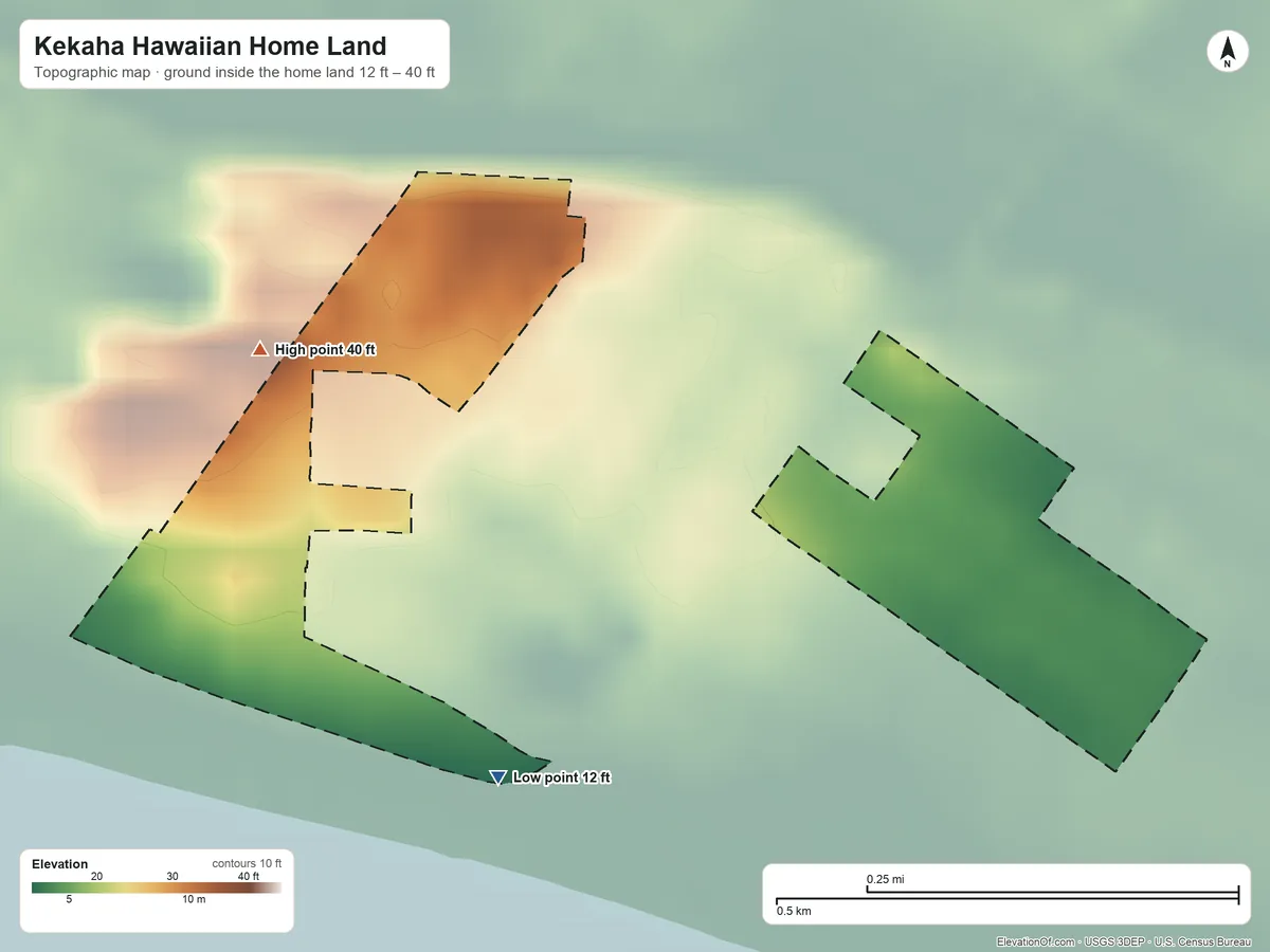Topographic elevation map of Kekaha Hawaiian Home Land, Hawaii, shaded from 12 ft on the southwest side to 40 ft on the west side