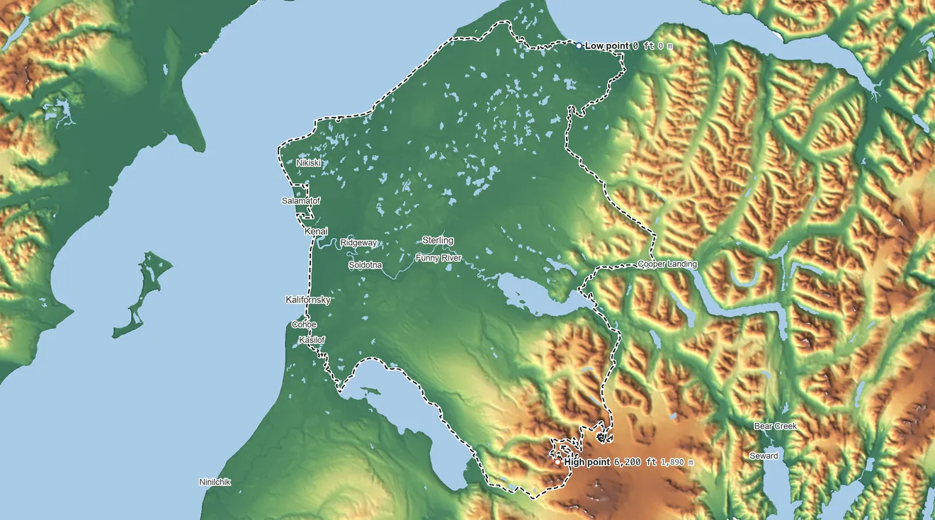 Topographic elevation map of Kenaitze ANVSA, Alaska, shaded from sea level on Chickaloon Bay to 6,200 ft on the southeast side