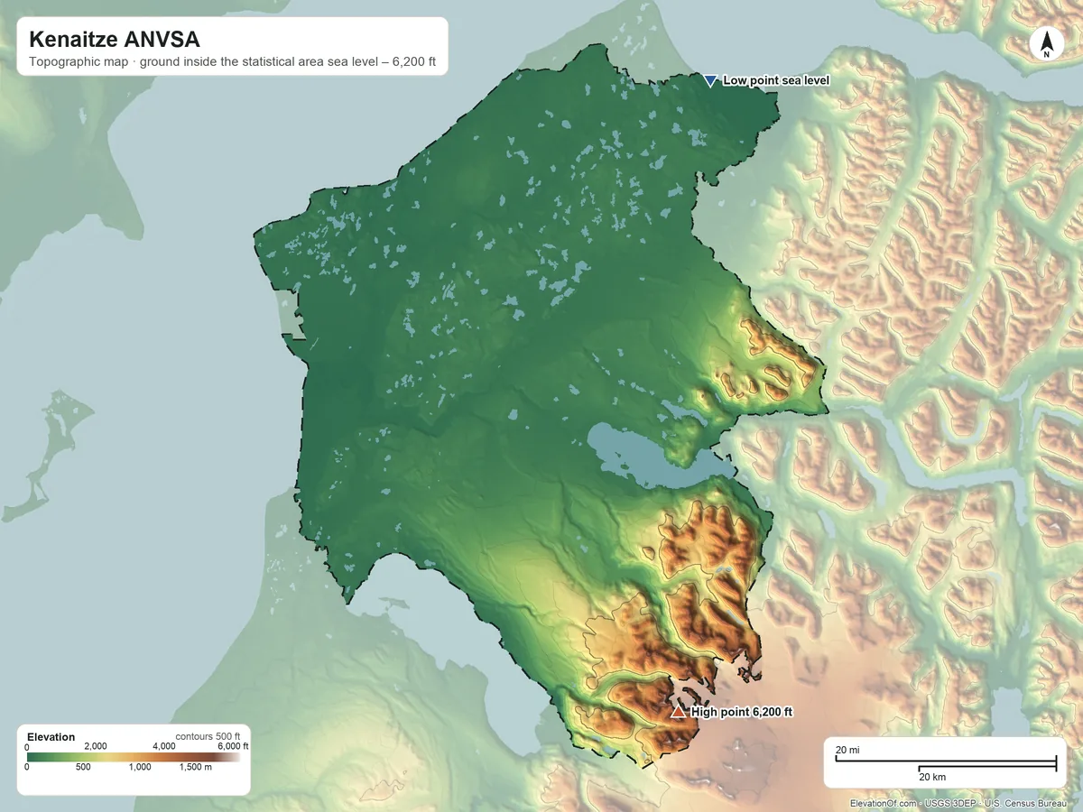 Topographic elevation map of Kenaitze ANVSA, Alaska, shaded from sea level on Chickaloon Bay to 6,200 ft on the southeast side