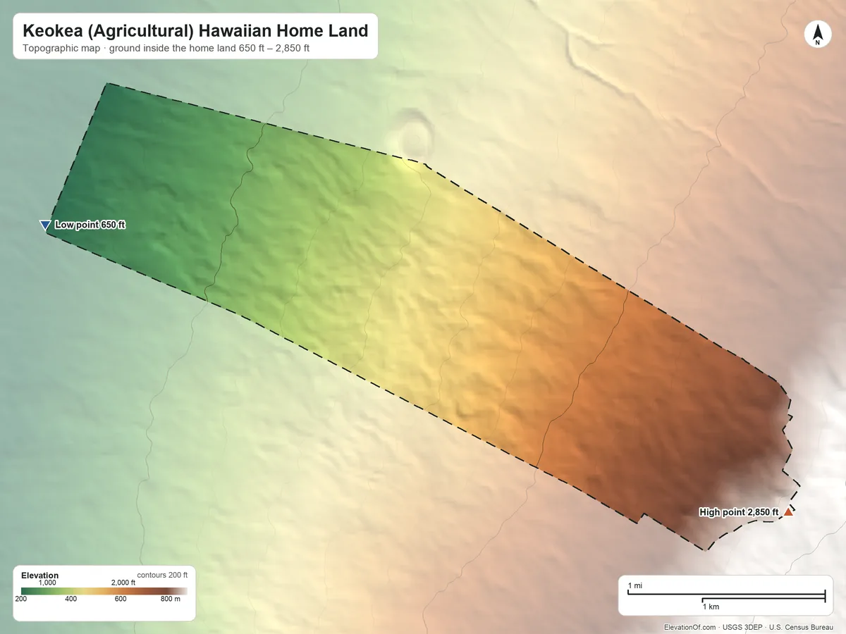 Topographic elevation map of Keokea (Agricultural) Hawaiian Home Land, Hawaii, shaded from 650 ft on the west side to 2,850 ft on the southeast side