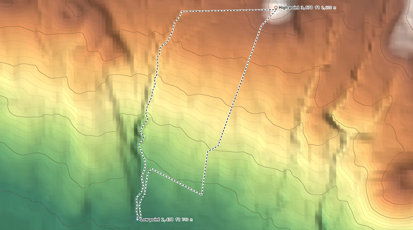 Topographic elevation map of Keoniki Hawaiian Home Land, Hawaii, shaded from 2,430 ft on the southwest side to 3,670 ft on the northeast side