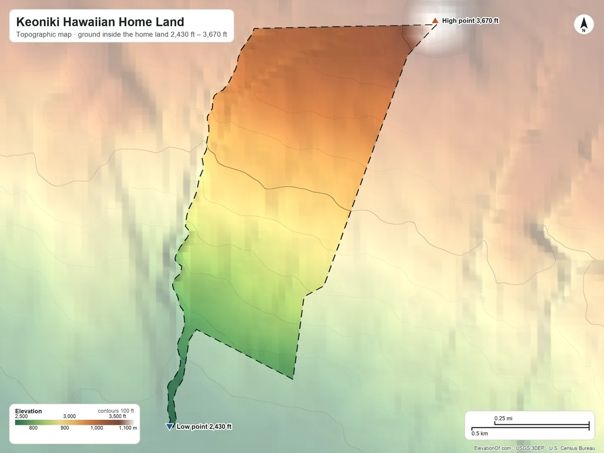Topographic elevation map of Keoniki Hawaiian Home Land, Hawaii, shaded from 2,430 ft on the southwest side to 3,670 ft on the northeast side
