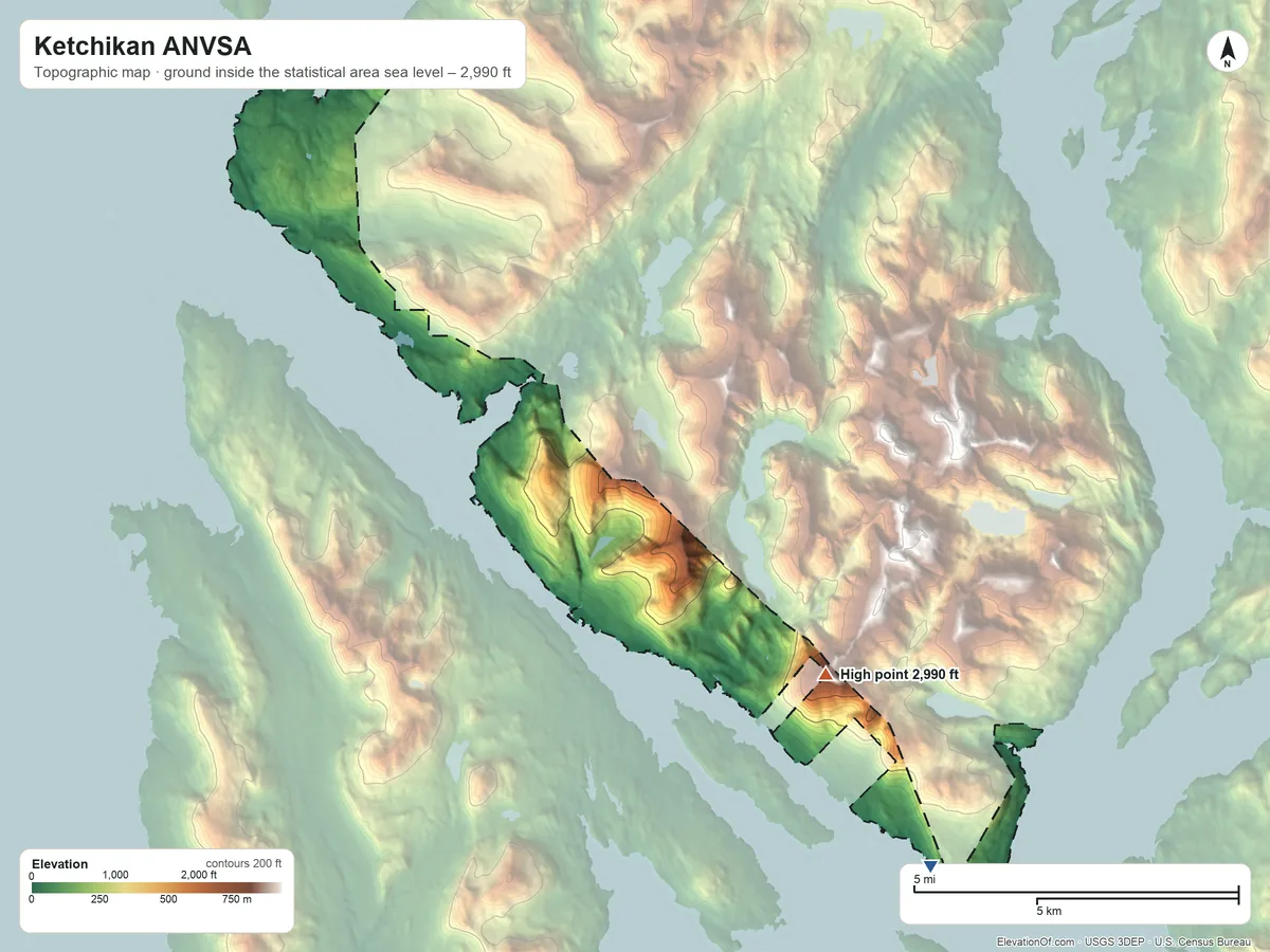 Topographic elevation map of Ketchikan ANVSA, Alaska, shaded from sea level on the Revillagigedo Channel to 2,990 ft on Deer Mountains