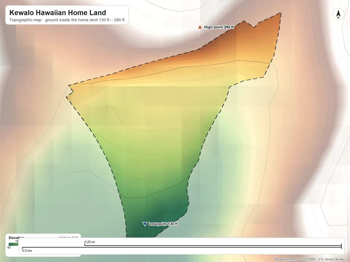 Topographic elevation map of Kewalo Hawaiian Home Land, Hawaii, shaded from 130 ft on the south side to 280 ft on the north side