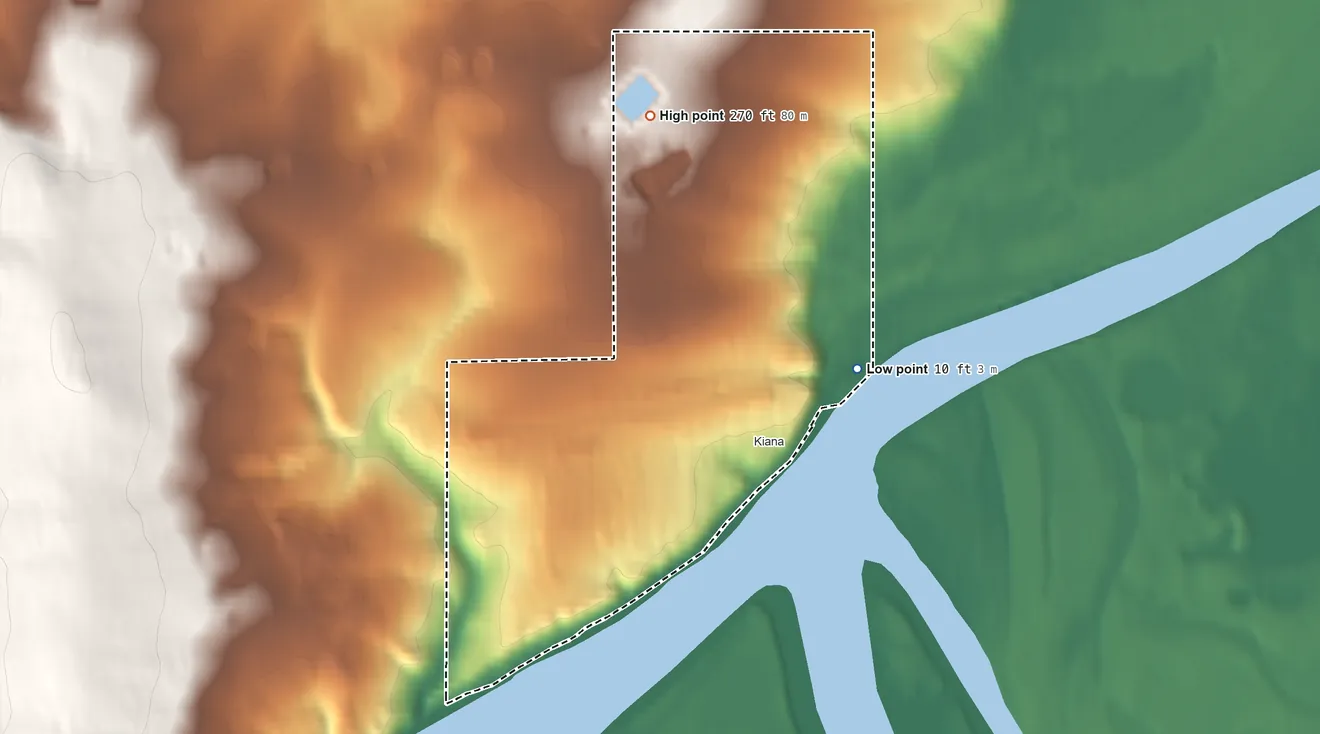 Topographic elevation map of Kiana ANVSA, Alaska, shaded from 10 ft on the east side to 270 ft on the north side