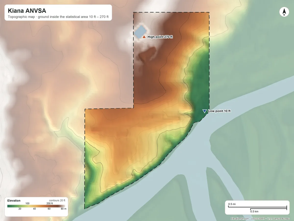 Topographic elevation map of Kiana ANVSA, Alaska, shaded from 10 ft on the east side to 270 ft on the north side