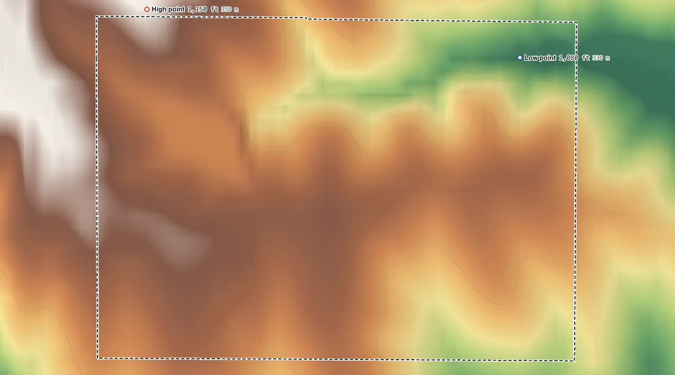 Topographic elevation map of Kickapoo (KS) Reservation/Sac and Fox Nation Trust Land joint-use area, Kansas, shaded from 1,080 ft on the northeast side to 1,150 ft on the northwest side