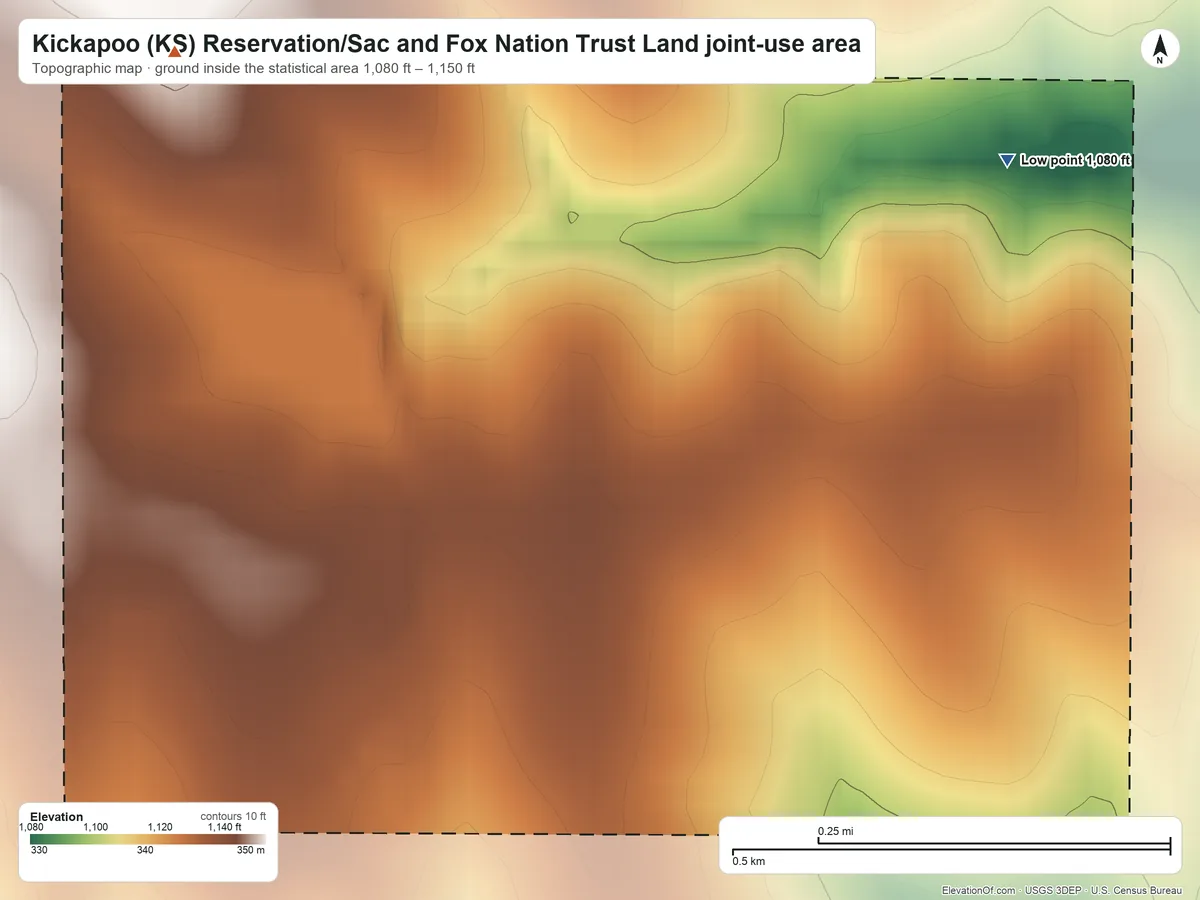 Topographic elevation map of Kickapoo (KS) Reservation/Sac and Fox Nation Trust Land joint-use area, Kansas, shaded from 1,080 ft on the northeast side to 1,150 ft on the northwest side