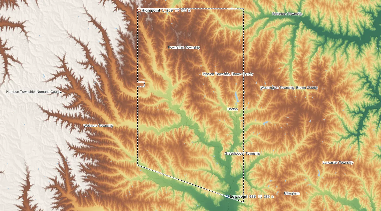 Topographic elevation map of Kickapoo (KS) Reservation, Kansas, shaded from 930 ft on the south side to 1,230 ft on the northwest side