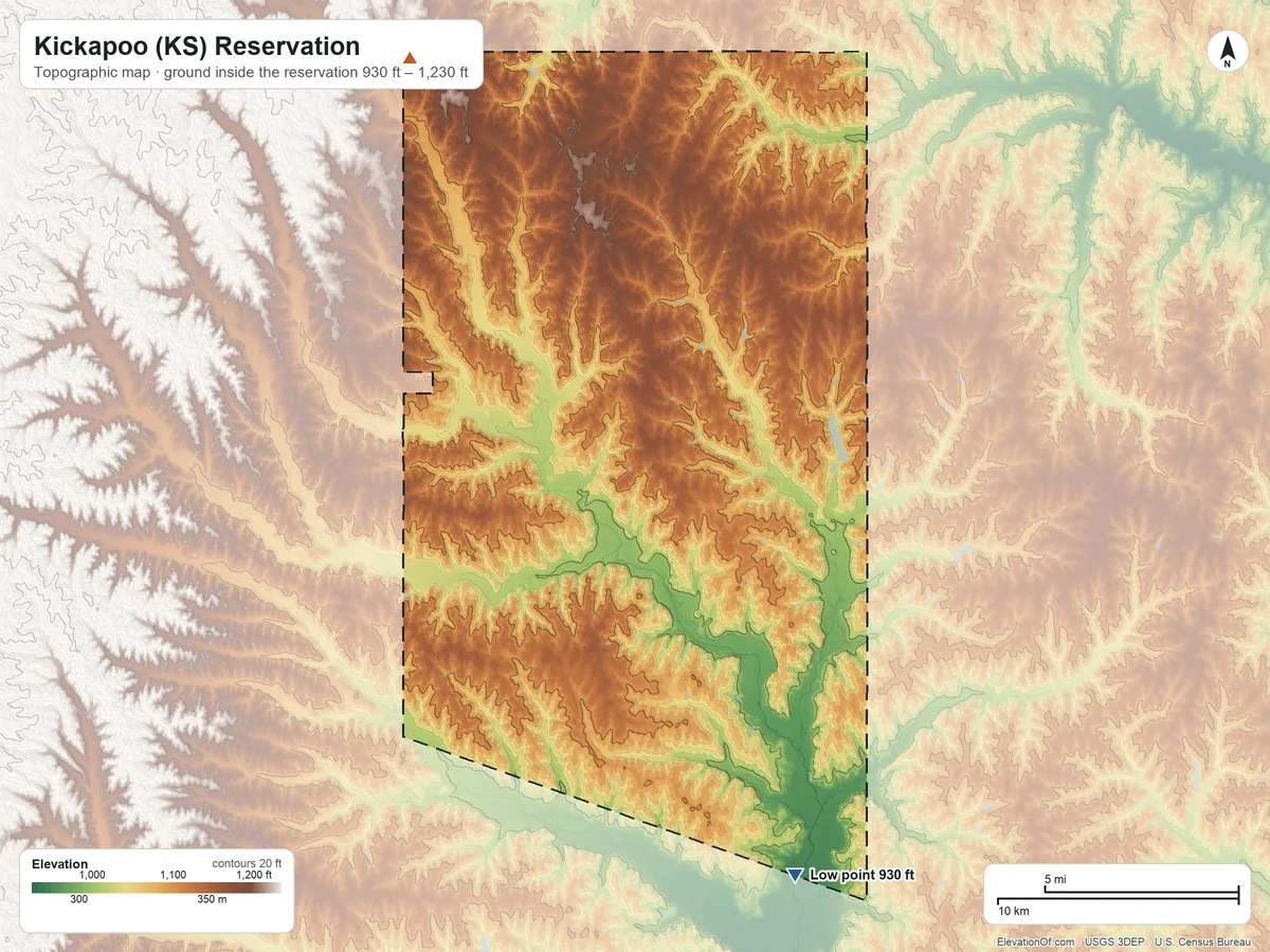 Topographic elevation map of Kickapoo (KS) Reservation, Kansas, shaded from 930 ft on the south side to 1,230 ft on the northwest side