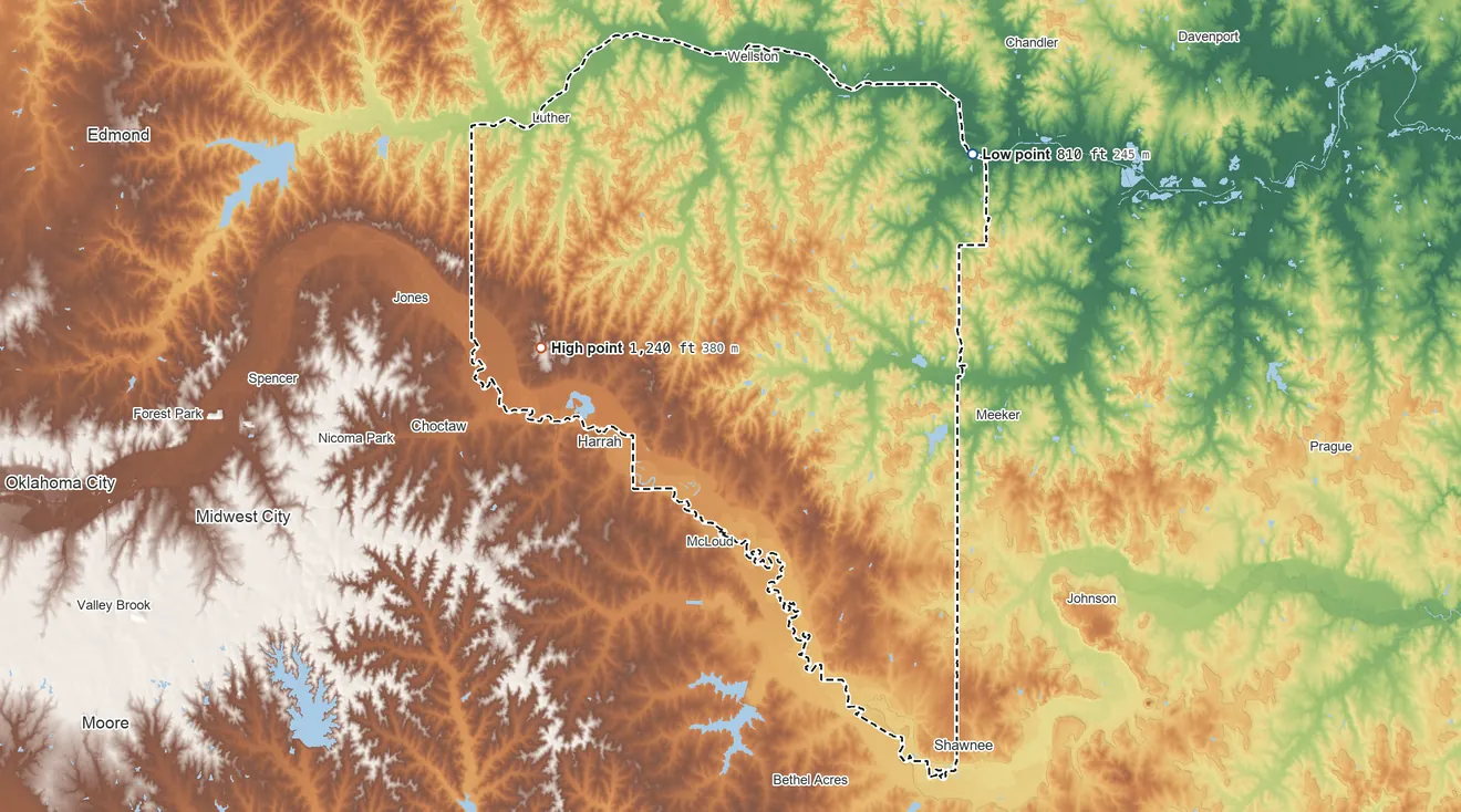 Topographic elevation map of Kickapoo OTSA, Oklahoma, shaded from 810 ft on the northeast side to 1,240 ft on the west side