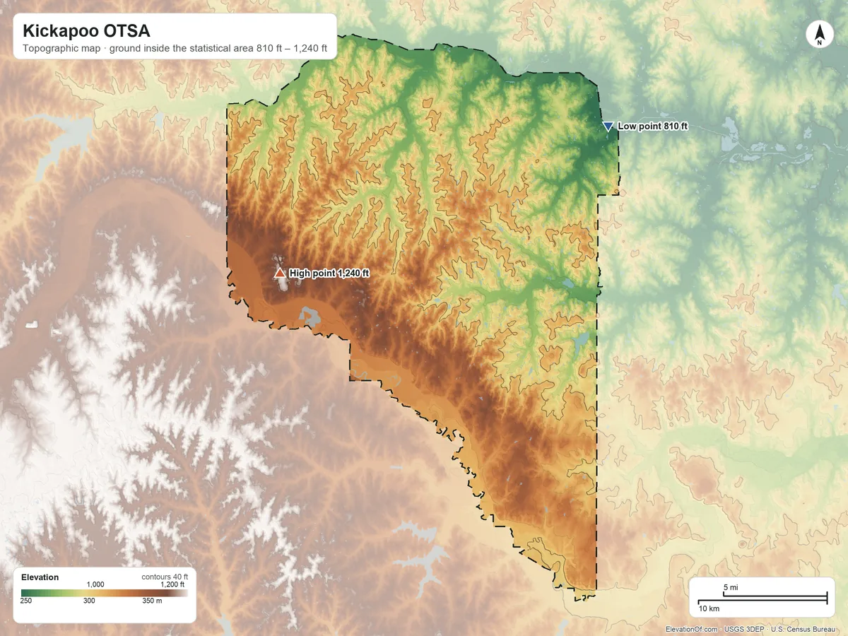 Topographic elevation map of Kickapoo OTSA, Oklahoma, shaded from 810 ft on the northeast side to 1,240 ft on the west side