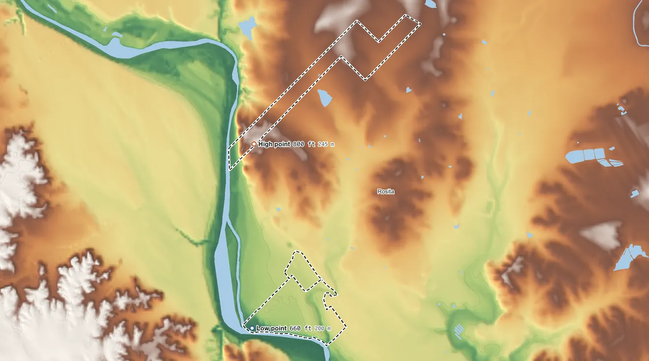 Topographic elevation map of Kickapoo (TX) Reservation, Texas, shaded from 660 ft on the southwest side to 800 ft on the northwest side