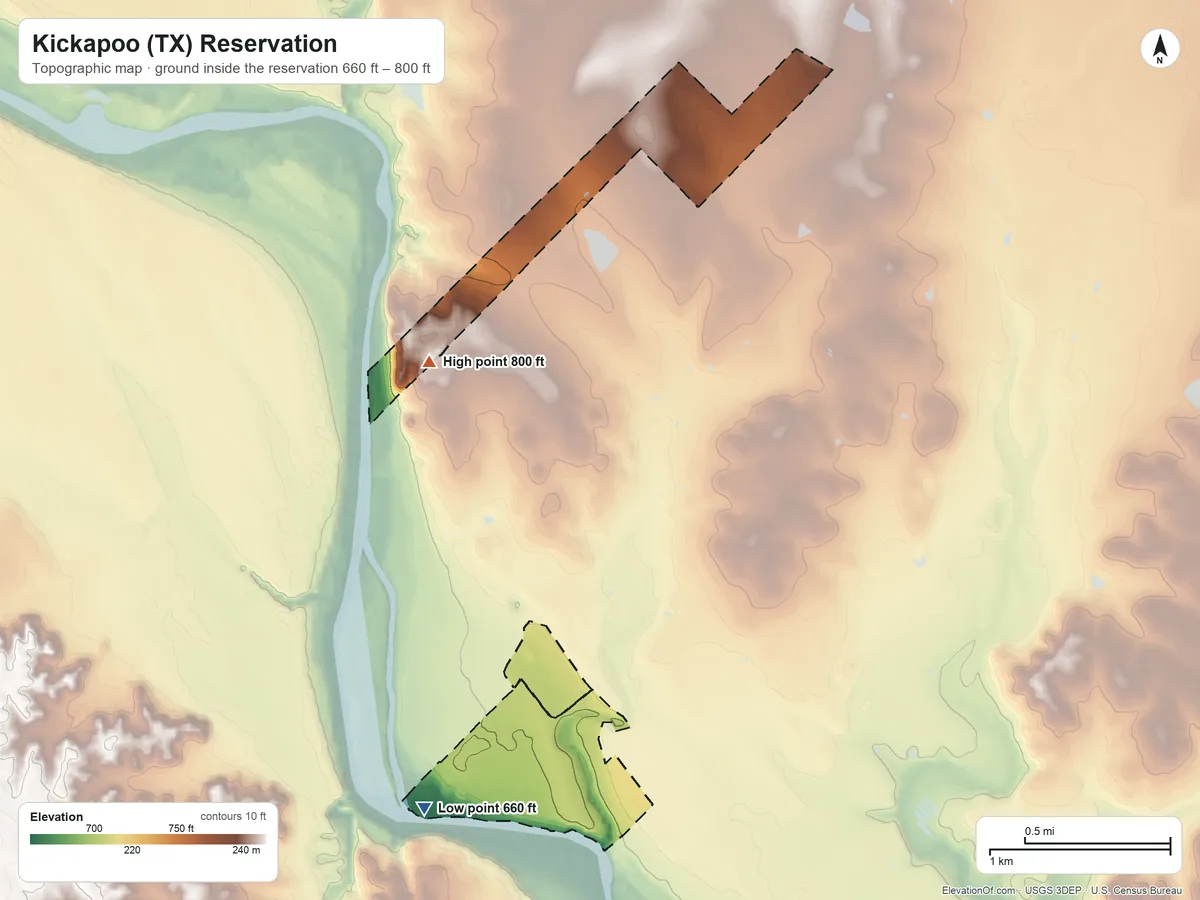Topographic elevation map of Kickapoo (TX) Reservation, Texas, shaded from 660 ft on the southwest side to 800 ft on the northwest side