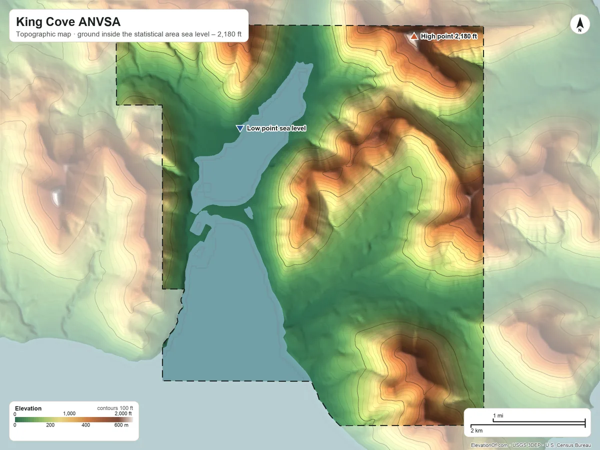 Topographic elevation map of King Cove ANVSA, Alaska, shaded from sea level on King Cove Lagoon to 2,180 ft on the northeast side