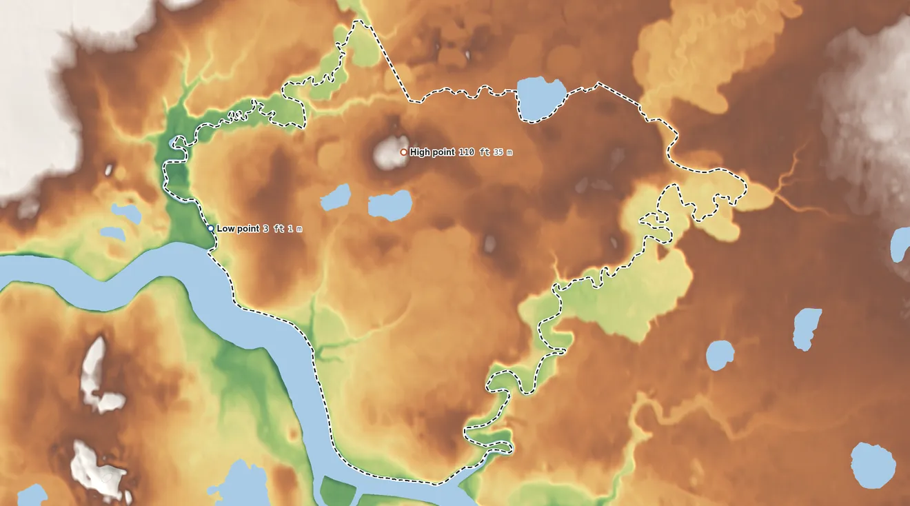 Topographic elevation map of King Salmon ANVSA, Alaska, shaded from 3 ft on the west side to 110 ft on the northwest side