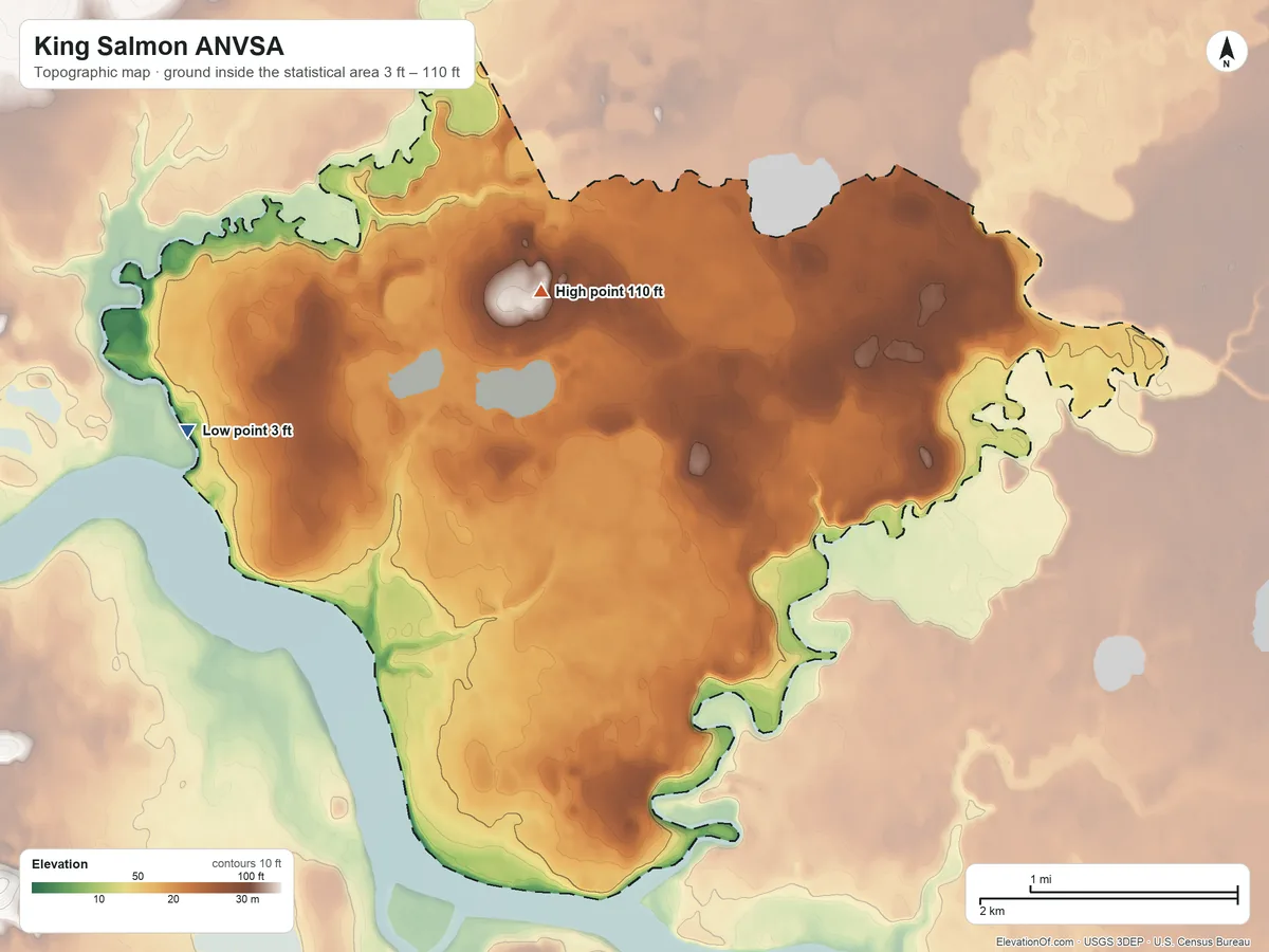 Topographic elevation map of King Salmon ANVSA, Alaska, shaded from 3 ft on the west side to 110 ft on the northwest side