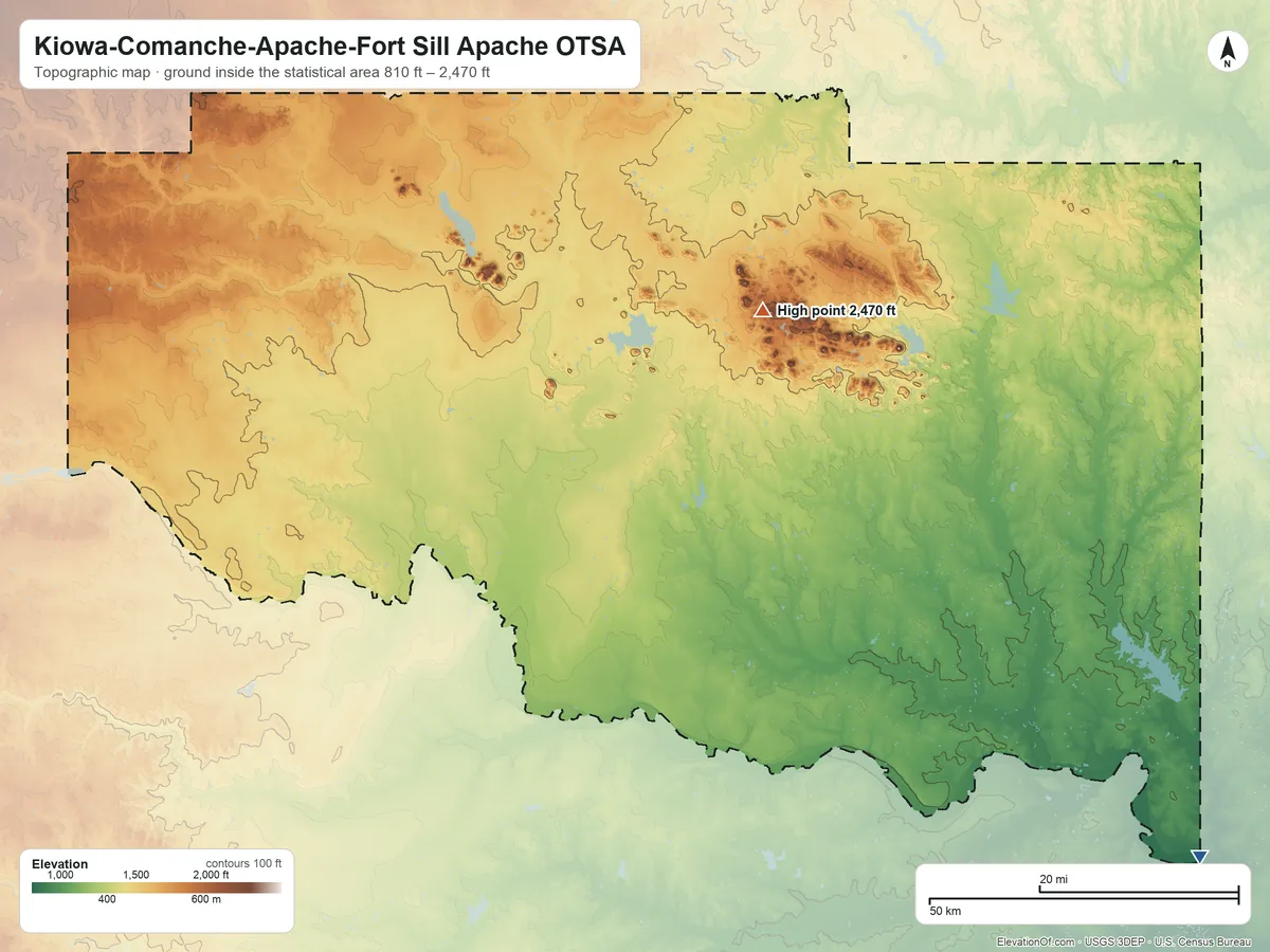 Topographic elevation map of Kiowa-Comanche-Apache-Fort Sill Apache OTSA, Oklahoma, shaded from 810 ft on the southeast side to 2,470 ft on Mount Pinchot