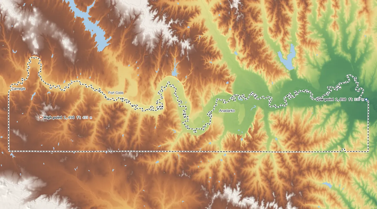 Topographic elevation map of Kiowa-Comanche-Apache-Ft Sill Apache/Caddo-Wichita-Delaware joint-use OTSA, Oklahoma, shaded from 1,090 ft on the east side to 1,490 ft on the west side