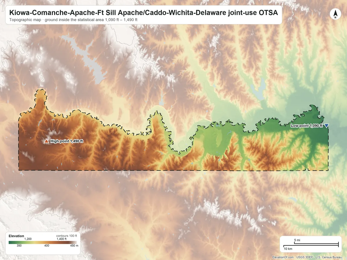 Topographic elevation map of Kiowa-Comanche-Apache-Ft Sill Apache/Caddo-Wichita-Delaware joint-use OTSA, Oklahoma, shaded from 1,090 ft on the east side to 1,490 ft on the west side