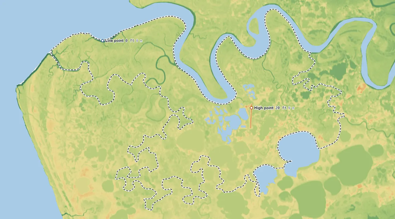 Topographic elevation map of Kipnuk ANVSA, Alaska, shaded from sea level on Kinak Bay to 20 ft on the east side