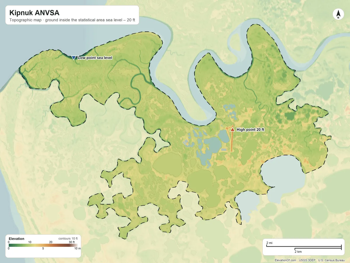 Topographic elevation map of Kipnuk ANVSA, Alaska, shaded from sea level on Kinak Bay to 20 ft on the east side