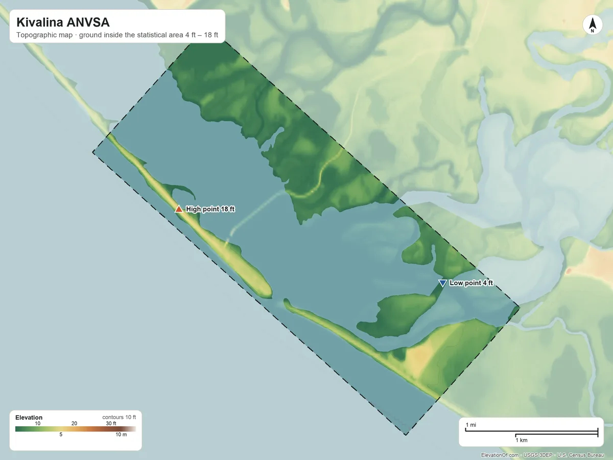Topographic elevation map of Kivalina ANVSA, Alaska, shaded from 4 ft on the east side to 18 ft on the west side