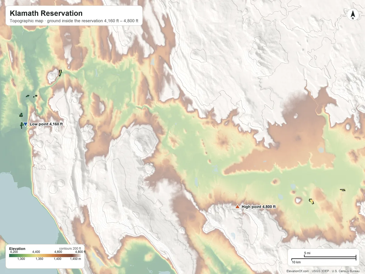 Topographic elevation map of Klamath Reservation, Oregon, shaded from 4,160 ft on the west side to 4,800 ft on the southeast side