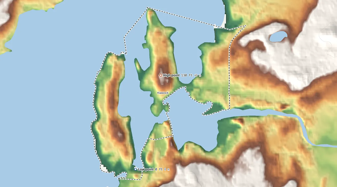 Topographic elevation map of Klawock ANVSA, Alaska, shaded from sea level on Klawock Harbor to 130 ft near the middle