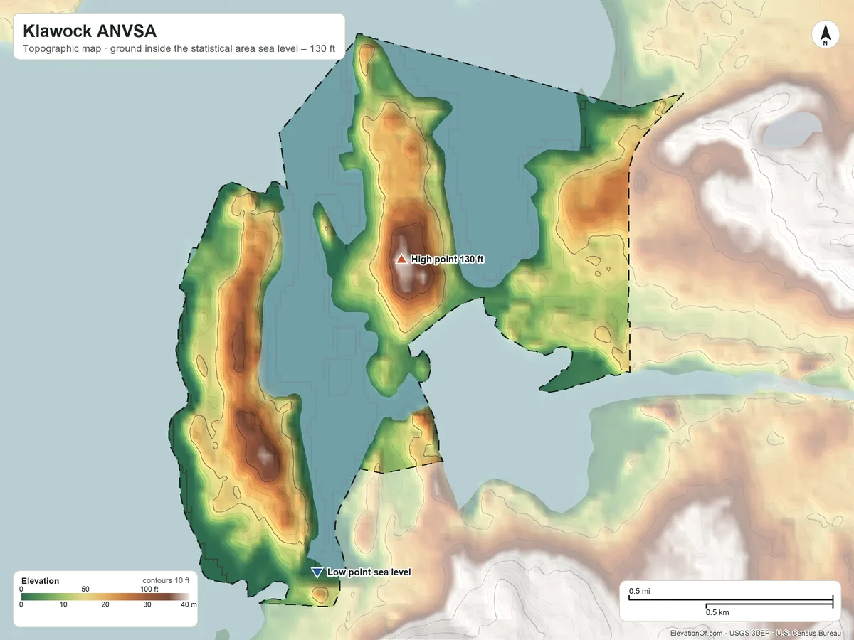 Topographic elevation map of Klawock ANVSA, Alaska, shaded from sea level on Klawock Harbor to 130 ft near the middle