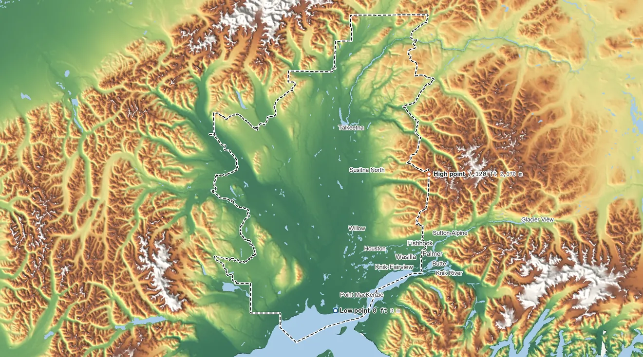 Topographic elevation map of Knik ANVSA, Alaska, shaded from sea level on Cook Inlet to 7,120 ft on the east side