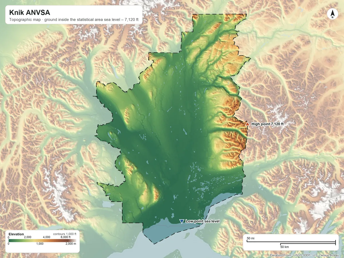 Topographic elevation map of Knik ANVSA, Alaska, shaded from sea level on Cook Inlet to 7,120 ft on the east side