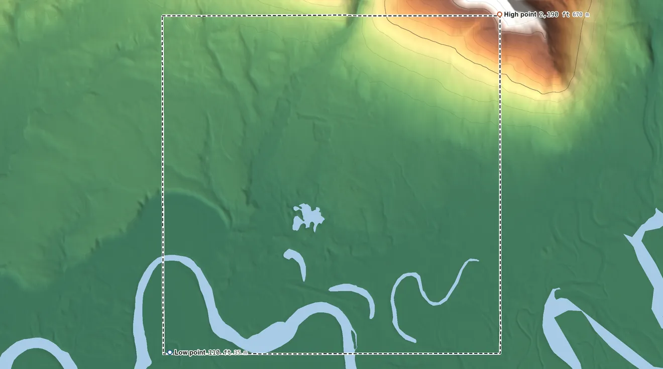 Topographic elevation map of Kobuk ANVSA, Alaska, shaded from 110 ft on the southwest side to 2,190 ft on the northeast side