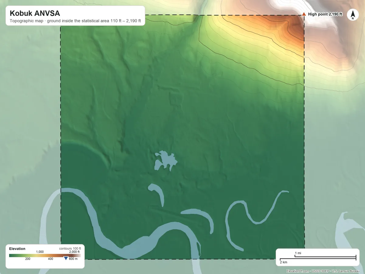 Topographic elevation map of Kobuk ANVSA, Alaska, shaded from 110 ft on the southwest side to 2,190 ft on the northeast side
