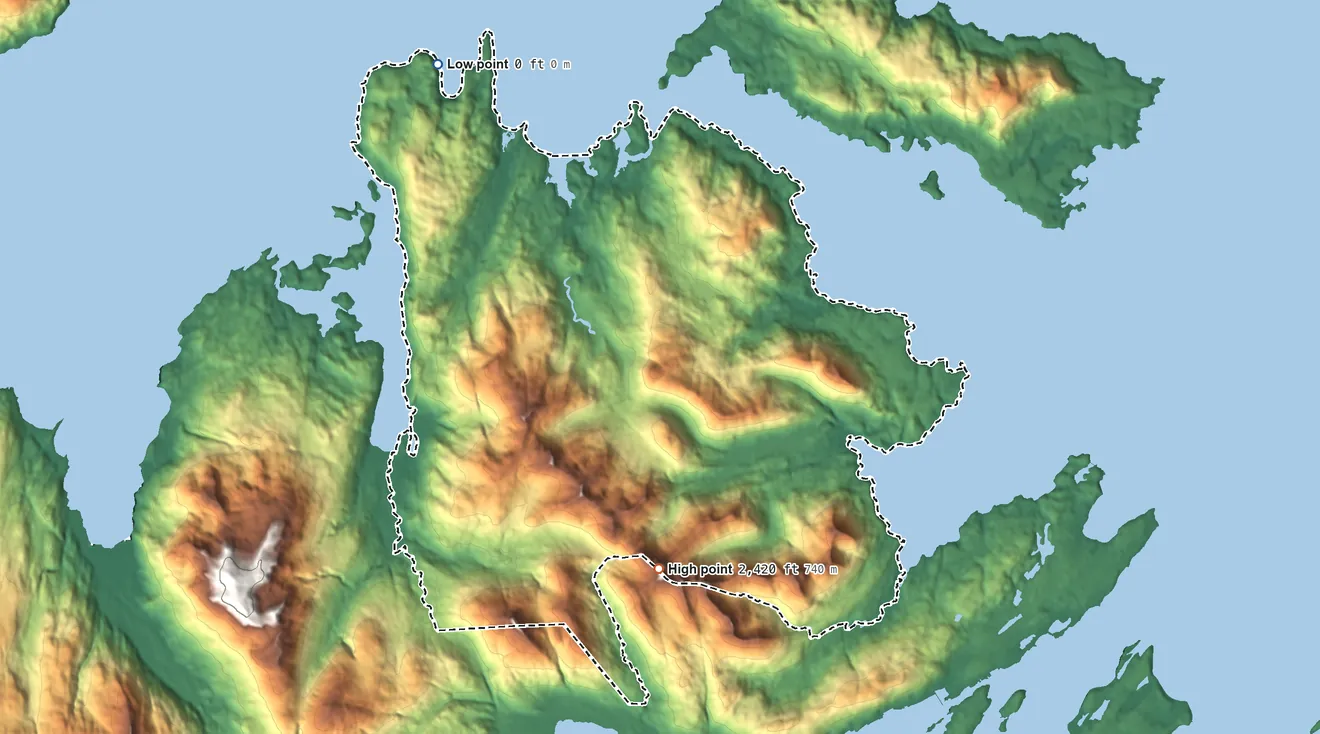 Topographic elevation map of Kodiak ANVSA, Alaska, shaded from sea level on Shakmanof Cove to 2,420 ft on the south side