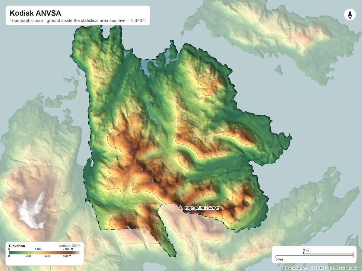 Topographic elevation map of Kodiak ANVSA, Alaska, shaded from sea level on Shakmanof Cove to 2,420 ft on the south side